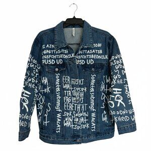 NWT American Bazi Graffiti Denim Jacket Small - Blue Streetwear All Over Print